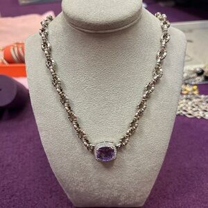 Charles Krypell SS Necklace with Cushion-Cut Purple Amethyst and diamond halo